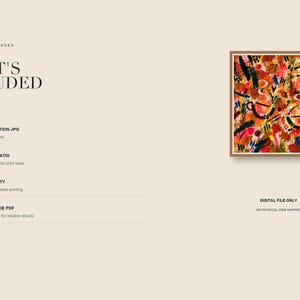 An informational slide titled WHAT'S INCLUDED lists digital file specifications alongside a small framed preview of the square abstract artwork.