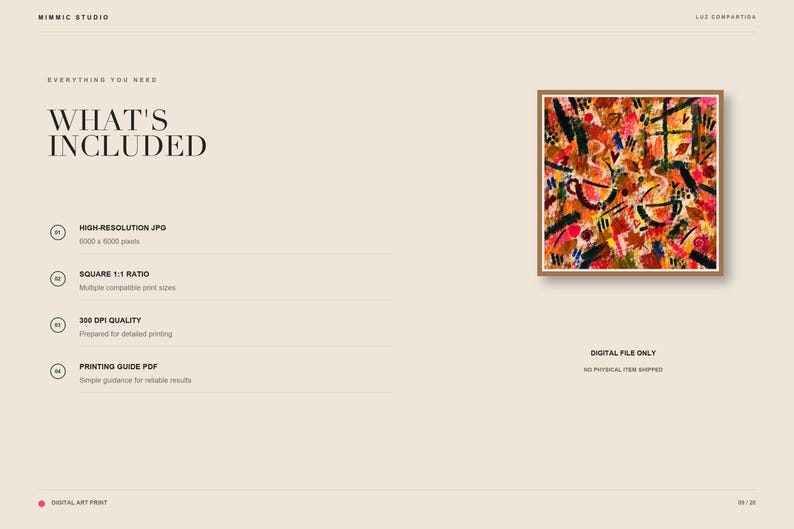 An informational slide titled WHAT'S INCLUDED lists digital file specifications alongside a small framed preview of the square abstract artwork.