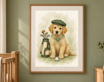 Golf Nursery Print, Caddie Dog Wall Art, Sage Green Puppy Nursery Decor for Baby Boy, Printable Download