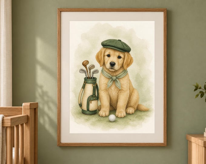 Golf Caddie Dog Nursery Print, Sage Green Baby Boy Wall Art (Digital Download)
