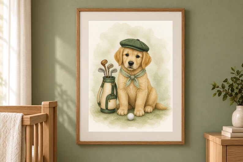 May include: A framed watercolor illustration of a golden retriever puppy wearing a green flat cap and a matching green neckerchief. The puppy sits next to a golf bag filled with clubs and a single white golf ball on a soft green grassy surface.