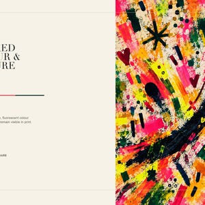 A digital graphic showcases a close-up detail of the colorful abstract brushstrokes alongside text describing painted texture.
