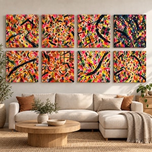 Puede incluir: Un conjunto de ocho lienzos cuadrados con pinturas abstractas de colores vibrantes, con pinceladas marcadas en rosa, amarillo, naranja, verde y negro. Las composiciones incluyen im&aacute;genes estilizadas de casas, cajas de regalo, tazas de caf&eacute; y grupos circulares.