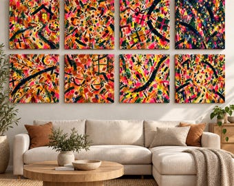 Abstract Art Set of 8, Fluorescent Gallery Wall Set, Bold Maximalist Prints, Fall & Christmas Square Printable Download