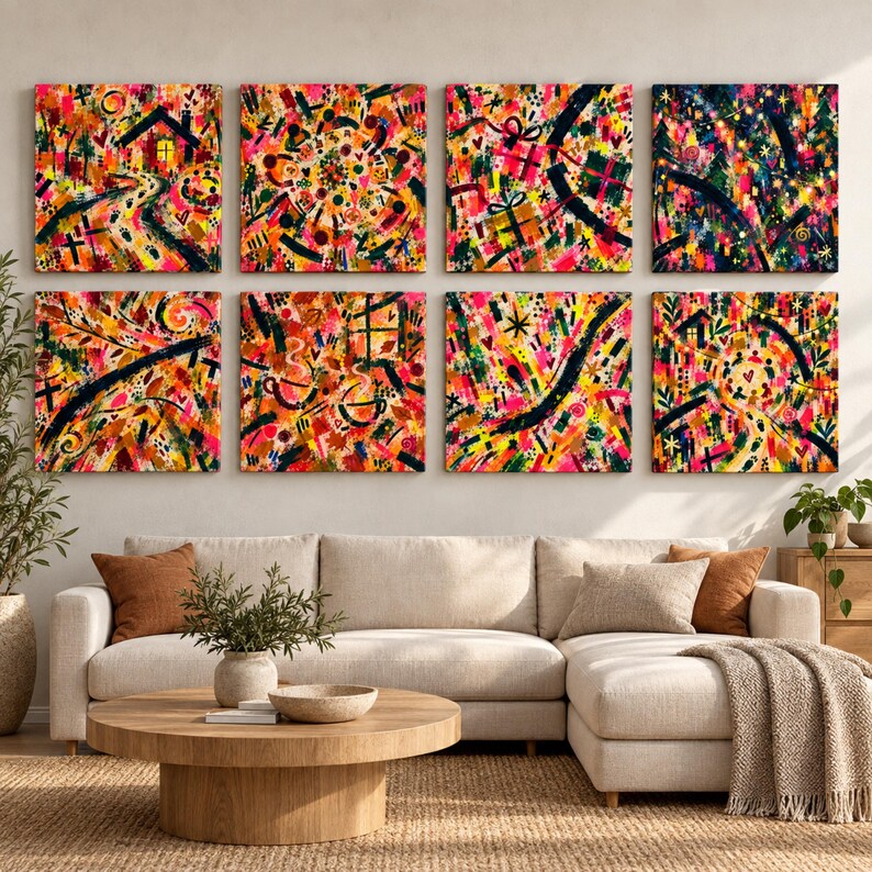 Puede incluir: Un conjunto de ocho lienzos cuadrados con pinturas abstractas de colores vibrantes, con pinceladas marcadas en rosa, amarillo, naranja, verde y negro. Las composiciones incluyen im&aacute;genes estilizadas de casas, cajas de regalo, tazas de caf&eacute; y grupos circulares.