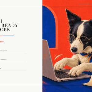 Detail view of the artwork showing the border collie wearing wire-rimmed glasses while typing on a laptop.