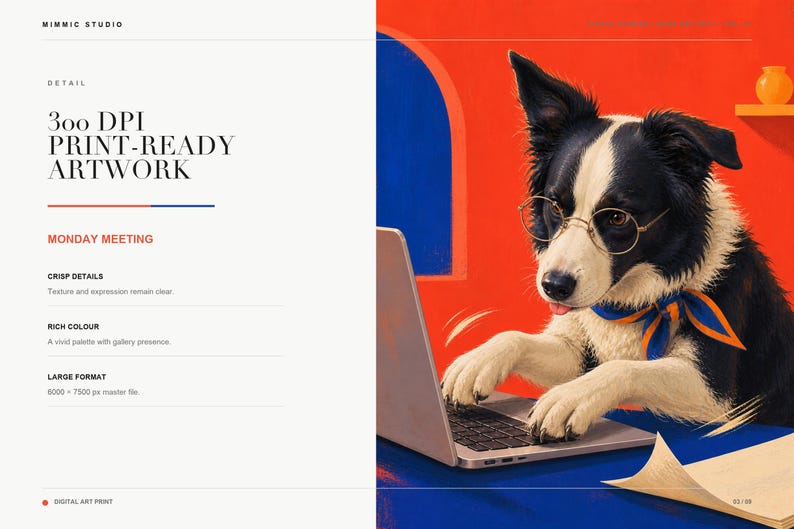 Detail view of the artwork showing the border collie wearing wire-rimmed glasses while typing on a laptop.