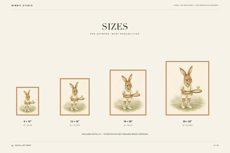 May include: A digital art print chart titled SIZES, ONE ARTWORK, MANY POSSIBILITIES, displaying four framed illustrations of a rabbit dressed in tennis attire holding a racket and ball. Sizes listed are 8x10, 12x15, 16x20, and 20x25 inches.