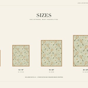 Listing slide illustrating four different available print sizes with dimensions listed below each frame.