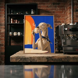 Greyhound Coffee Wall Art, Whimsical Dog Kitchen Print, Cafe Decor, Printable Digital Download shown in an AI-generated listing photo