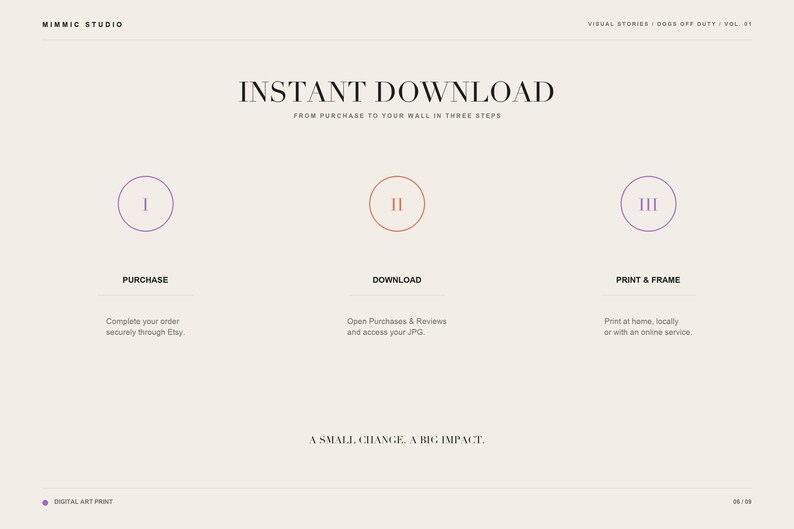 A step-by-step instruction slide with Roman numerals detailing the purchase, download, and framing process for the digital art.