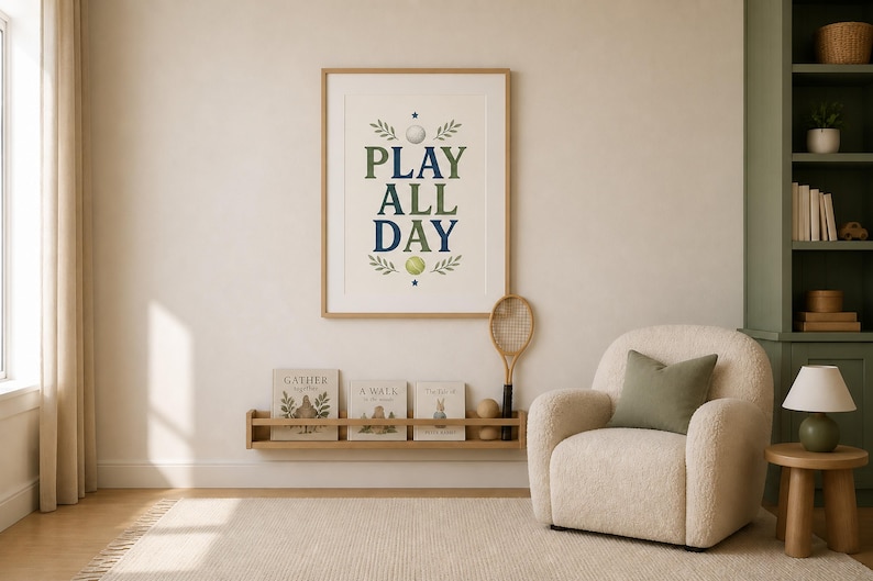 May include: A framed wall art print featuring the text PLAY ALL DAY in dark green and blue letters, accented with illustrations of a white golf ball, a yellow tennis ball, and green leaves, displayed in a light wood frame on a neutral wall.