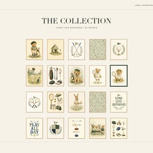 May include: A collection of twenty digital art prints titled THE COLLECTION LONG LIVE BOYHOOD. The prints feature illustrations of teddy bears, rabbits, and sporting equipment like golf clubs, tennis rackets, and balls in a muted color palette.