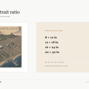 May include: A digital art print of a Barcelona city map in a 2:3 portrait ratio. The graphic features a stylized aerial view of the city with the text Barcelona. A chart lists popular print sizes in inches: 8x12, 12x18, 16x24, and 20x30.