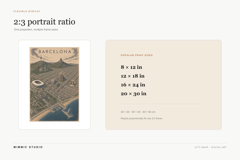 May include: A digital art print of a Barcelona city map in a 2:3 portrait ratio. The graphic features a stylized aerial view of the city with the text Barcelona. A chart lists popular print sizes in inches: 8x12, 12x18, 16x24, and 20x30.
