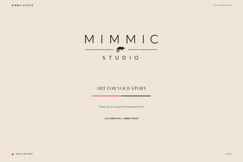 Closing slide with the brand logo text and chameleon icon, titled art for your story.