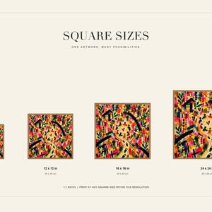 An informational slide displaying four different square sizes of the art print with dimensions in inches and centimeters.