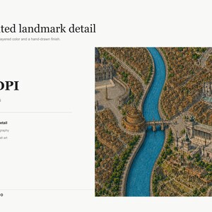 Peut inclure: Une illustration num&eacute;rique d'un paysage urbain avec une rivi&egrave;re bleue sinueuse traversant des b&acirc;timents bruns denses et des arbres verts. L'&oelig;uvre inclut le texte : LOOK CLOSER, Illustrated landmark detail, PRINT-READY, 300 DPI, Crisp architectural detail, et MIMMIC STUDIO.