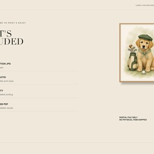 May include: A digital art print featuring a golden retriever puppy wearing a green cap and a neckerchief, sitting next to a golf bag with clubs and a golf ball. The text reads WHAT'S INCLUDED, HIGH-RESOLUTION JPG, CLASSIC 4:5 RATIO, 300 DPI QUALITY, and PRINTING GUIDE PDF.