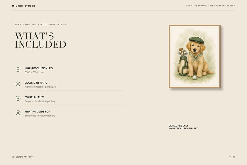 May include: A digital art print featuring a golden retriever puppy wearing a green cap and a neckerchief, sitting next to a golf bag with clubs and a golf ball. The text reads WHAT'S INCLUDED, HIGH-RESOLUTION JPG, CLASSIC 4:5 RATIO, 300 DPI QUALITY, and PRINTING GUIDE PDF.