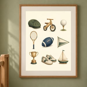 May include: A framed wall art print featuring a collection of illustrations including a green flat cap, a wooden balance bike, a golf ball on a tee, a tennis racket, a blue football, a triangular flag, a gold trophy, sneakers, and a sailboat.