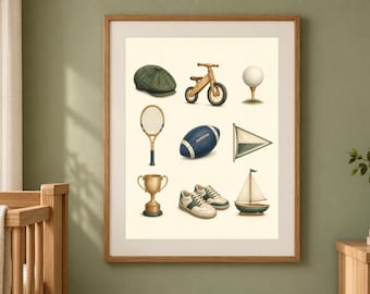 Vintage Sports Nursery Print, Boyhood Essentials Wall Art, Preppy Baby Boy Decor, Printable Download