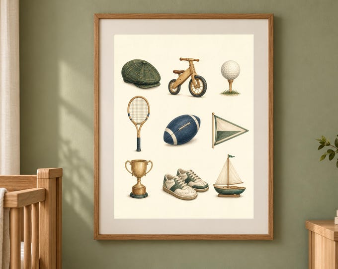 Boyhood Essentials Nursery Print, Preppy Sports Baby Boy Wall Art, Printable Download