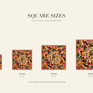 A promotional slide showcases four different square print sizes ranging from 8x8 inches to 24x24 inches.