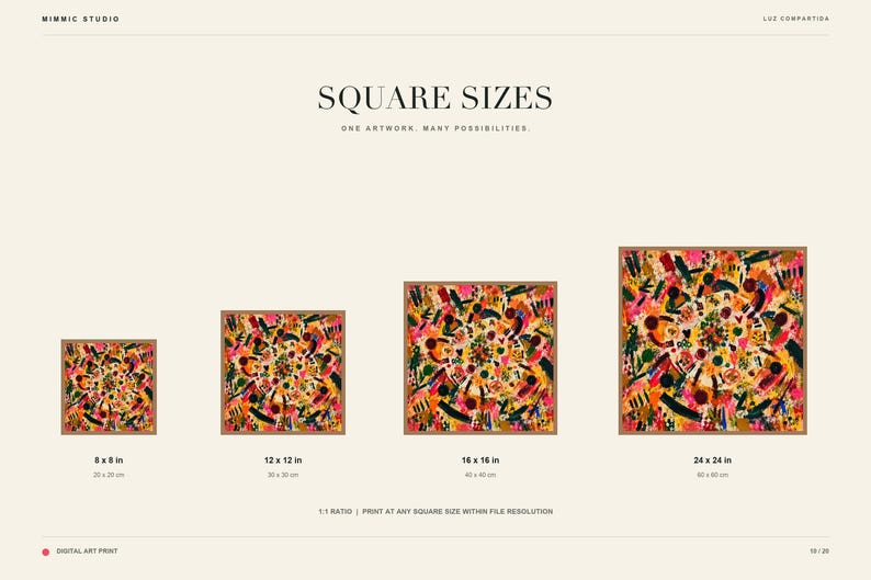 A promotional slide showcases four different square print sizes ranging from 8x8 inches to 24x24 inches.