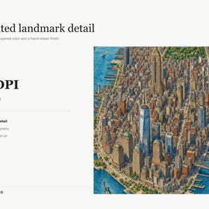 May include: An aerial illustration of the New York City skyline featuring the One World Trade Center, the Empire State Building, and the Brooklyn Bridge. The artwork displays dense urban architecture, blue waterways, and green park spaces in a detailed, hand-drawn style.