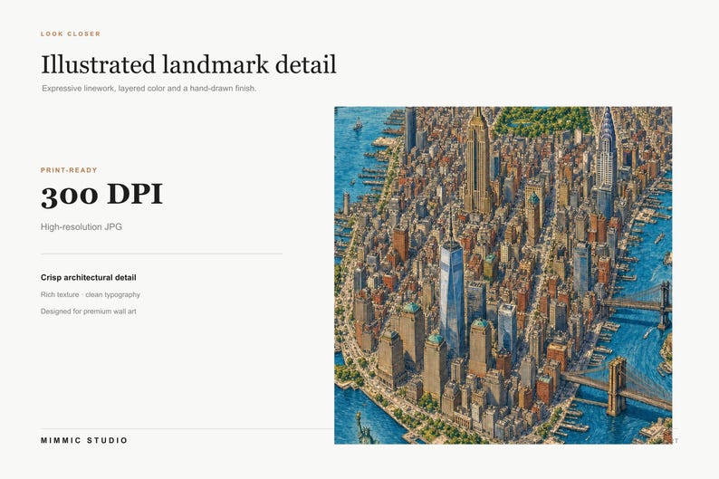 May include: An aerial illustration of the New York City skyline featuring the One World Trade Center, the Empire State Building, and the Brooklyn Bridge. The artwork displays dense urban architecture, blue waterways, and green park spaces in a detailed, hand-drawn style.
