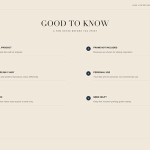 May include: A beige informational graphic titled GOOD TO KNOW with six numbered points regarding a digital product. Text includes Digital Product, Frame Not Included, Colours May Vary, Personal Use, 4:5 Ratio, and Need Help? with brief descriptions.