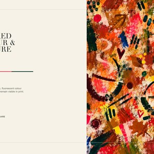 A digital art mockup shows a close-up detail of rich red, orange, and black brushstrokes on the abstract print.
