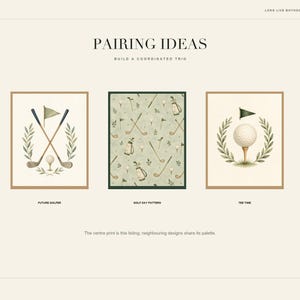 An informational graphic titled Pairing Ideas displays three coordinating wall art prints featuring golf themes in matching frames.