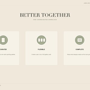 May include: A digital print set information graphic with a beige background. The text reads BETTER TOGETHER, ONE COORDINATED DOWNLOAD, CURATED, FLEXIBLE, and COMPLETE. Three circular icons feature a rectangle, three vertical panels, and three horizontal lines.
