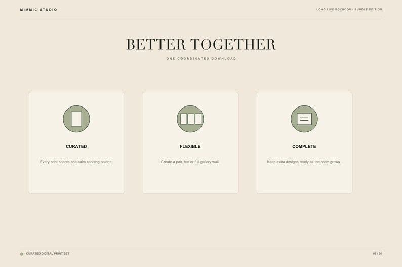 May include: A digital print set information graphic with a beige background. The text reads BETTER TOGETHER, ONE COORDINATED DOWNLOAD, CURATED, FLEXIBLE, and COMPLETE. Three circular icons feature a rectangle, three vertical panels, and three horizontal lines.