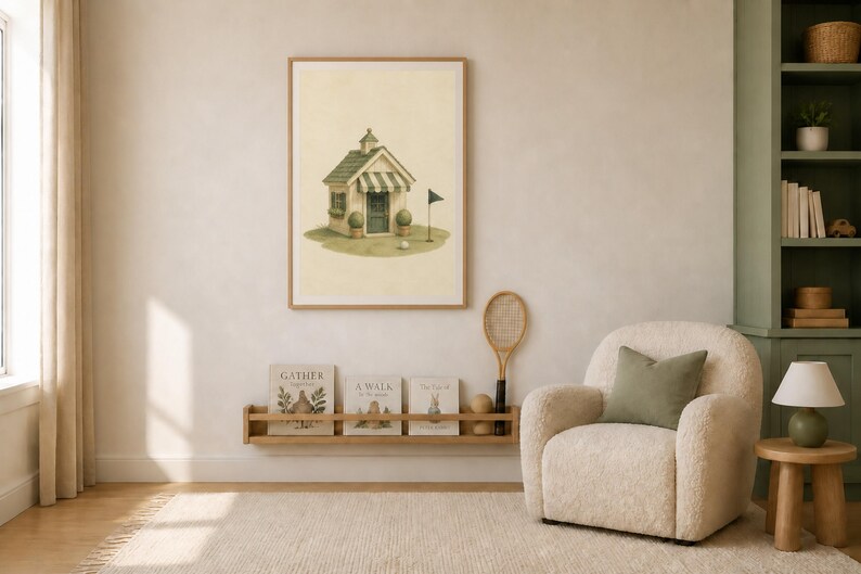 May include: A framed wall art print featuring a light-colored cottage with a green roof and striped awning, situated on a small patch of grass with a golf flag and ball. The illustration is rendered in soft, muted tones on a cream-colored background.