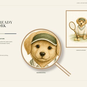 May include: A digital art print featuring a golden puppy wearing a green visor and a white tennis sweater. The puppy holds a tennis racket in one paw, with two tennis balls nearby. A circular magnifying glass highlights the puppy's face.