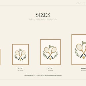 May include: A digital art print display showing four framed illustrations of two crossed tennis rackets, a small ball, a flag, and laurel leaves. The sizes listed are 8x10 inches, 12x15 inches, 16x20 inches, and 20x25 inches, with text indicating a 4:5 ratio.