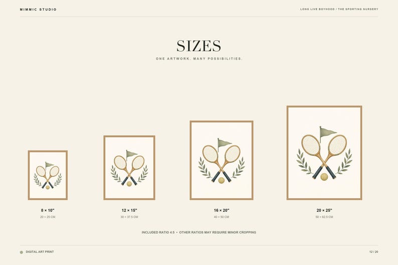 May include: A digital art print display showing four framed illustrations of two crossed tennis rackets, a small ball, a flag, and laurel leaves. The sizes listed are 8x10 inches, 12x15 inches, 16x20 inches, and 20x25 inches, with text indicating a 4:5 ratio.