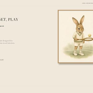 May include: A framed art print titled GAME, SET, PLAY featuring an anthropomorphic rabbit dressed in white tennis attire, including a sweater and shorts, holding a wooden tennis racket with a ball suspended in the air on a green court surface.
