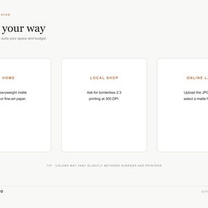 Peut inclure: Un graphique informatif intitul&eacute; Print it your way avec trois cadres rectangulaires blancs &eacute;tiquet&eacute;s Home, Local Shop et Online Lab. Chaque cadre contient des instructions d'impression pour l'art num&eacute;rique, avec le texte Mimmic Studio en bas.