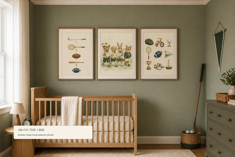 May include: Three framed wall art prints featuring illustrations of sports equipment and a group of anthropomorphic animals in athletic attire. The prints are displayed in light wood frames above a wooden crib in a room with sage green walls.