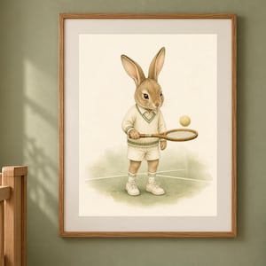 May include: A framed wall art print featuring a brown rabbit dressed in a white tennis sweater with green trim, white shorts, and white sneakers. The rabbit holds a wooden tennis racket, with a yellow tennis ball floating in the air nearby.