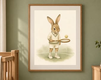 Tennis Nursery Print, Bunny Tennis Wall Art, Game Set Play, Sage Green Baby Boy Decor, Printable Download