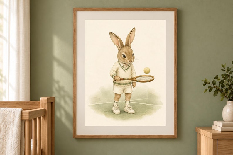 May include: A framed wall art print featuring a brown rabbit dressed in a white tennis sweater with green trim, white shorts, and white sneakers. The rabbit holds a wooden tennis racket, with a yellow tennis ball floating in the air nearby.