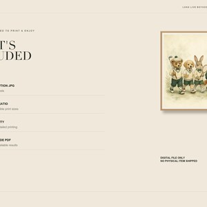 Puede incluir: Un listado de arte digital con el texto WHAT'S INCLUDED y una ilustraci&oacute;n enmarcada de cuatro animales antropom&oacute;rficos con ropa deportiva, incluyendo un oso, un perro, un conejo y un zorro, sosteniendo equipo deportivo sobre un fondo claro.