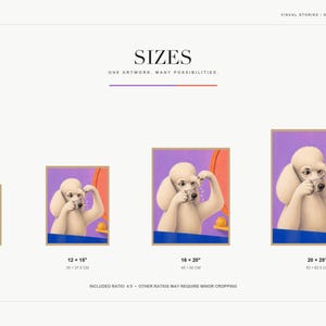 A slide showing four different print sizes of the poodle salon artwork ranging from 8 by 10 inches to 20 by 25 inches.