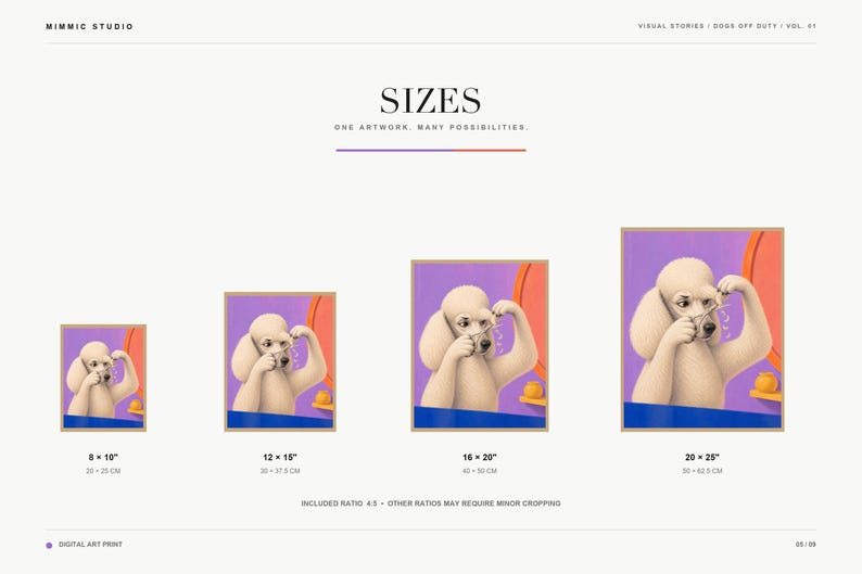 A slide showing four different print sizes of the poodle salon artwork ranging from 8 by 10 inches to 20 by 25 inches.