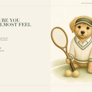 May include: A digital art print featuring a golden puppy wearing a green visor and a white cable-knit sweater with green trim. The puppy holds a wooden tennis racket next to two tennis balls. Text includes "MIMMIC STUDIO" and "TEXTURE YOU CAN ALMOST FEEL."